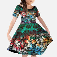 Pacific Hibiscus Tapa Tribal Vintage Family Matching Short Sleeve Bodycon Dress and Hawaiian Shirt Turquoise Motif LT9 Daughter's Dress Turquoise - Polynesian Pride