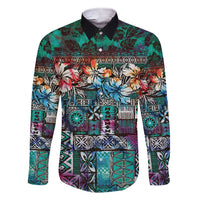 Pacific Hibiscus Tapa Tribal Vintage Family Matching Short Sleeve Bodycon Dress and Hawaiian Shirt Turquoise Motif LT9 Dad's Shirt - Long Sleeve Turquoise - Polynesian Pride