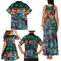 Pacific Hibiscus Tapa Tribal Vintage Family Matching Tank Maxi Dress and Hawaiian Shirt Turquoise Motif LT9 - Polynesian Pride
