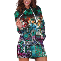 Pacific Hibiscus Tapa Tribal Vintage Hoodie Dress Turquoise Motif LT9 Turquoise - Polynesian Pride