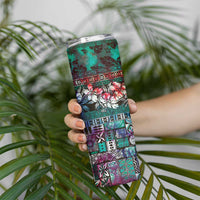 Pacific Hibiscus Tapa Tribal Vintage Skinny Tumbler Turquoise Motif LT9 - Polynesian Pride