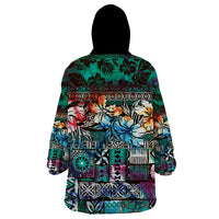 Pacific Hibiscus Tapa Tribal Vintage Wearable Blanket Hoodie Turquoise Motif LT9 - Polynesian Pride