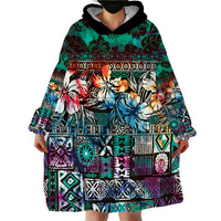 Pacific Hibiscus Tapa Tribal Vintage Wearable Blanket Hoodie Turquoise Motif LT9 - Polynesian Pride