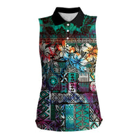 Pacific Hibiscus Tapa Tribal Vintage Women Sleeveless Polo Shirt Turquoise Motif LT9 Female Turquoise - Polynesian Pride