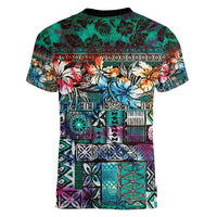 Pacific Hibiscus Tapa Tribal Vintage Women V-Neck T-Shirt Turquoise Motif LT9 - Polynesian Pride
