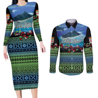 Personalised Fiji Viti Levu Couples Matching Long Sleeve Bodycon Dress and Long Sleeve Button Shirt Tagimoucia and Tapa Tribal Pattern LT9 Blue - Polynesian Pride