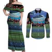Personalised Fiji Viti Levu Couples Matching Off Shoulder Maxi Dress and Long Sleeve Button Shirt Tagimoucia and Tapa Tribal Pattern LT9 Blue - Polynesian Pride