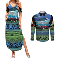 Personalised Fiji Viti Levu Couples Matching Summer Maxi Dress and Long Sleeve Button Shirt Tagimoucia and Tapa Tribal Pattern LT9 Blue - Polynesian Pride