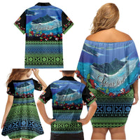 Personalised Fiji Viti Levu Family Matching Off Shoulder Short Dress and Hawaiian Shirt Tagimoucia and Tapa Tribal Pattern LT9 - Polynesian Pride