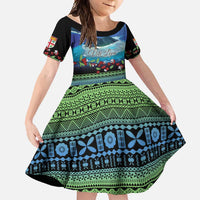 Personalised Fiji Viti Levu Family Matching Tank Maxi Dress and Hawaiian Shirt Tagimoucia and Tapa Tribal Pattern LT9 Daughter's Dress Blue - Polynesian Pride