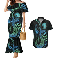 Personalised Hawaii Kure Atoll Couples Matching Mermaid Dress and Hawaiian Shirt Holaniku Coral Reef with Polynesian Tribal LT9 Blue - Polynesian Pride
