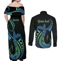 Personalised Hawaii Kure Atoll Couples Matching Off Shoulder Maxi Dress and Long Sleeve Button Shirt Holaniku Coral Reef with Polynesian Tribal LT9 - Polynesian Pride