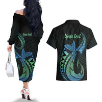Personalised Hawaii Kure Atoll Couples Matching Off The Shoulder Long Sleeve Dress and Hawaiian Shirt Holaniku Coral Reef with Polynesian Tribal LT9 - Polynesian Pride