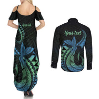 Personalised Hawaii Kure Atoll Couples Matching Summer Maxi Dress and Long Sleeve Button Shirt Holaniku Coral Reef with Polynesian Tribal LT9 - Polynesian Pride
