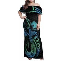 Personalised Hawaii Kure Atoll Family Matching Off Shoulder Maxi Dress and Hawaiian Shirt Holaniku Coral Reef with Polynesian Tribal LT9 Mom's Dress Blue - Polynesian Pride