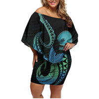 Personalised Hawaii Kure Atoll Family Matching Off Shoulder Short Dress and Hawaiian Shirt Holaniku Coral Reef with Polynesian Tribal LT9 Mom's Dress Blue - Polynesian Pride