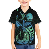 Personalised Hawaii Kure Atoll Family Matching Off Shoulder Short Dress and Hawaiian Shirt Holaniku Coral Reef with Polynesian Tribal LT9 Son's Shirt Blue - Polynesian Pride