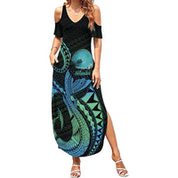 Personalised Hawaii Kure Atoll Family Matching Summer Maxi Dress and Hawaiian Shirt Holaniku Coral Reef with Polynesian Tribal LT9 Mom's Dress Blue - Polynesian Pride