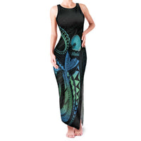 Personalised Hawaii Kure Atoll Family Matching Tank Maxi Dress and Hawaiian Shirt Holaniku Coral Reef with Polynesian Tribal LT9 Mom's Dress Blue - Polynesian Pride