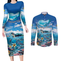 Personalised Palau Kayangel Atoll Couples Matching Long Sleeve Bodycon Dress and Long Sleeve Button Shirt Turtle With Coral Reef Under Water LT9 Blue - Polynesian Pride