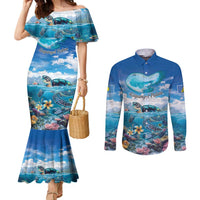 Personalised Palau Kayangel Atoll Couples Matching Mermaid Dress and Long Sleeve Button Shirt Turtle With Coral Reef Under Water LT9 Blue - Polynesian Pride