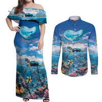 Personalised Palau Kayangel Atoll Couples Matching Off Shoulder Maxi Dress and Long Sleeve Button Shirt Turtle With Coral Reef Under Water LT9 Blue - Polynesian Pride