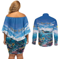 Personalised Palau Kayangel Atoll Couples Matching Off Shoulder Short Dress and Long Sleeve Button Shirt Turtle With Coral Reef Under Water LT9 - Polynesian Pride