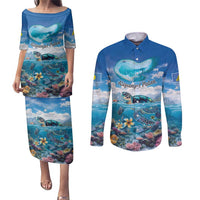 Personalised Palau Kayangel Atoll Couples Matching Puletasi and Long Sleeve Button Shirt Turtle With Coral Reef Under Water LT9 Blue - Polynesian Pride