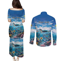 Personalised Palau Kayangel Atoll Couples Matching Puletasi and Long Sleeve Button Shirt Turtle With Coral Reef Under Water LT9 - Polynesian Pride