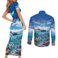 Personalised Palau Kayangel Atoll Couples Matching Short Sleeve Bodycon Dress and Long Sleeve Button Shirt Turtle With Coral Reef Under Water LT9 - Polynesian Pride