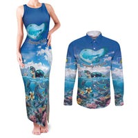 Personalised Palau Kayangel Atoll Couples Matching Tank Maxi Dress and Long Sleeve Button Shirt Turtle With Coral Reef Under Water LT9 Blue - Polynesian Pride