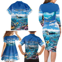Personalised Palau Kayangel Atoll Family Matching Long Sleeve Bodycon Dress and Hawaiian Shirt Turtle With Coral Reef Under Water LT9 - Polynesian Pride