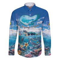 Personalised Palau Kayangel Atoll Family Matching Off The Shoulder Long Sleeve Dress and Hawaiian Shirt Turtle With Coral Reef Under Water LT9 Dad's Shirt - Long Sleeve Blue - Polynesian Pride