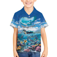 Personalised Palau Kayangel Atoll Family Matching Off The Shoulder Long Sleeve Dress and Hawaiian Shirt Turtle With Coral Reef Under Water LT9 Son's Shirt Blue - Polynesian Pride