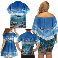Personalised Palau Kayangel Atoll Family Matching Off Shoulder Short Dress and Hawaiian Shirt Turtle With Coral Reef Under Water LT9 - Polynesian Pride