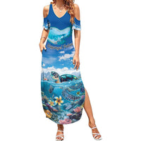 Personalised Palau Kayangel Atoll Family Matching Summer Maxi Dress and Hawaiian Shirt Turtle With Coral Reef Under Water LT9 Mom's Dress Blue - Polynesian Pride