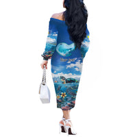 Personalised Palau Kayangel Atoll Off The Shoulder Long Sleeve Dress Turtle With Coral Reef Under Water LT9 - Polynesian Pride