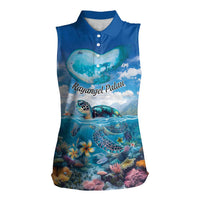 Personalised Palau Kayangel Atoll Women Sleeveless Polo Shirt Turtle With Coral Reef Under Water LT9 Female Blue - Polynesian Pride