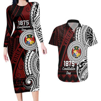 Personalised Tonga Constitution Day 1875 Couples Matching Long Sleeve Bodycon Dress and Hawaiian Shirt Polynesian Tribal Tattoo LT9 Red - Polynesian Pride