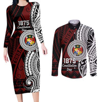 Personalised Tonga Constitution Day 1875 Couples Matching Long Sleeve Bodycon Dress and Long Sleeve Button Shirt Polynesian Tribal Tattoo LT9 Red - Polynesian Pride