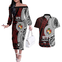 Personalised Tonga Constitution Day 1875 Couples Matching Off The Shoulder Long Sleeve Dress and Hawaiian Shirt Polynesian Tribal Tattoo LT9 Red - Polynesian Pride