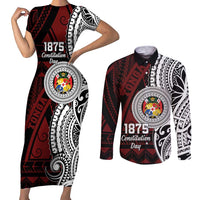 Personalised Tonga Constitution Day 1875 Couples Matching Short Sleeve Bodycon Dress and Long Sleeve Button Shirt Polynesian Tribal Tattoo LT9 Red - Polynesian Pride