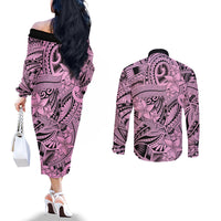 Polynesia Couples Matching Off The Shoulder Long Sleeve Dress and Long Sleeve Button Shirt Tribal Polynesian Spirit With Pink Pacific Flowers LT9 - Polynesian Pride