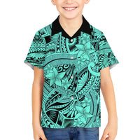 Polynesia Family Matching Off Shoulder Short Dress and Hawaiian Shirt Tribal Polynesian Spirit With Teal Pacific Flowers LT9 Son's Shirt Teal - Polynesian Pride