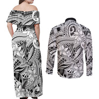 Polynesia Couples Matching Off Shoulder Maxi Dress and Long Sleeve Button Shirt Tribal Polynesian Spirit With White Pacific Flowers LT9 - Polynesian Pride