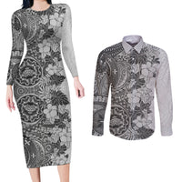 Polynesia Couples Matching Long Sleeve Bodycon Dress and Long Sleeve Button Shirt Hibiscus and Hawaiian Tribal Tattoo Retro Style Gray Color LT9 Gray - Polynesian Pride