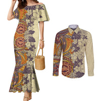 Polynesia Couples Matching Mermaid Dress and Long Sleeve Button Shirt Hibiscus and Hawaiian Tribal Tattoo Retro Style Tan Color LT9 Tan - Polynesian Pride