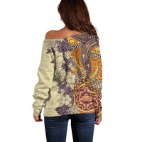 Polynesia Off Shoulder Sweater Hibiscus and Hawaiian Tribal Tattoo Retro Style Tan Color LT9 - Polynesian Pride