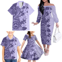Polynesia Family Matching Off Shoulder Long Sleeve Dress and Hawaiian Shirt Hibiscus and Hawaiian Tribal Tattoo Retro Style Violet Color LT9 - Polynesian Pride