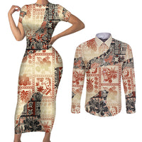 Hawaii Couples Matching Short Sleeve Bodycon Dress and Long Sleeve Button Shirt Aloha Tribal Pattern Beige Version LT9 Beige - Polynesian Pride